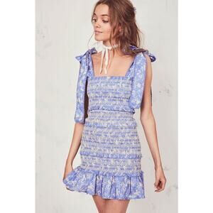 LoveShackFancy Belle Smocked Floral Mini Dress Bluejay XS Coquette Romantic